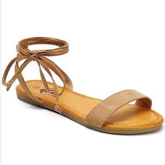 Tan Flat Sole Sandals with Ankle Wrap - Picture 1 of 4